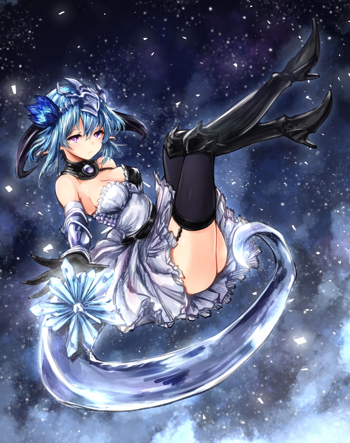 cleavage dress harino646 heels horns pointy_ears shadowverse stockings thighhighs whitefrost_dragonewt_filene