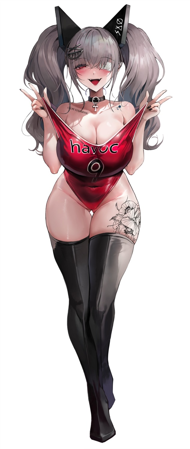 eyepatch leotard no_bra suou-sensei tattoo thighhighs undressing