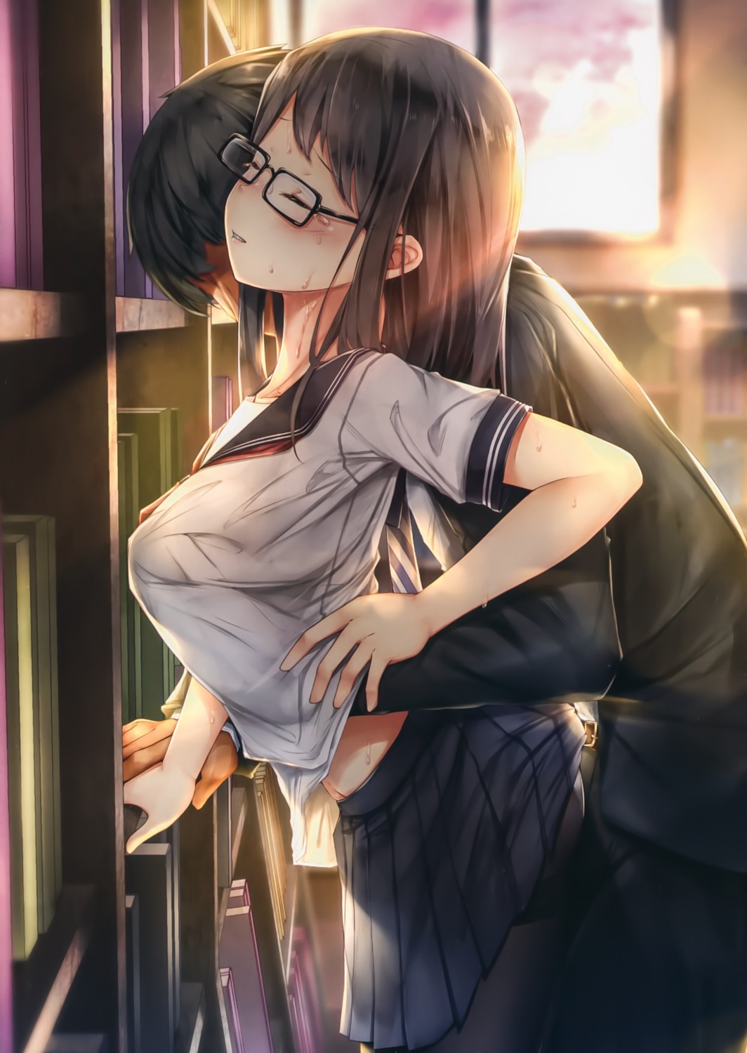 breast_grab business_suit megane pantsu pantyhose seifuku shirokurousa shirt_lift skirt_lift sugiyuu