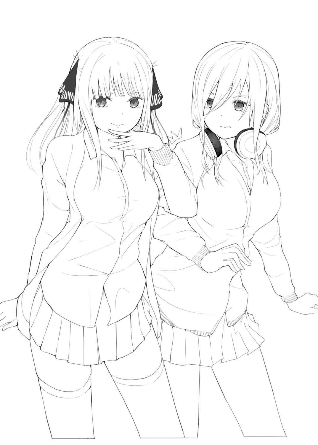 5-toubun_no_hanayome headphones monochrome nakano_miku nakano_nino pjkka seifuku sketch sweater thighhighs