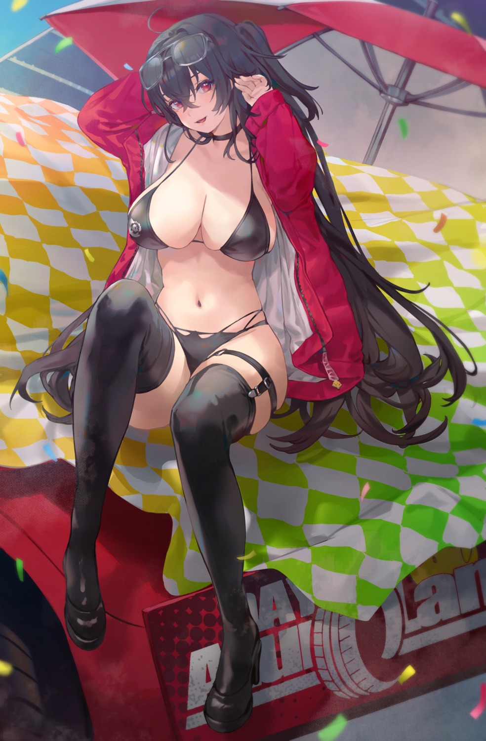 azur_lane bibimbub bikini garter heels megane open_shirt stockings swimsuits taihou_(azur_lane) thighhighs