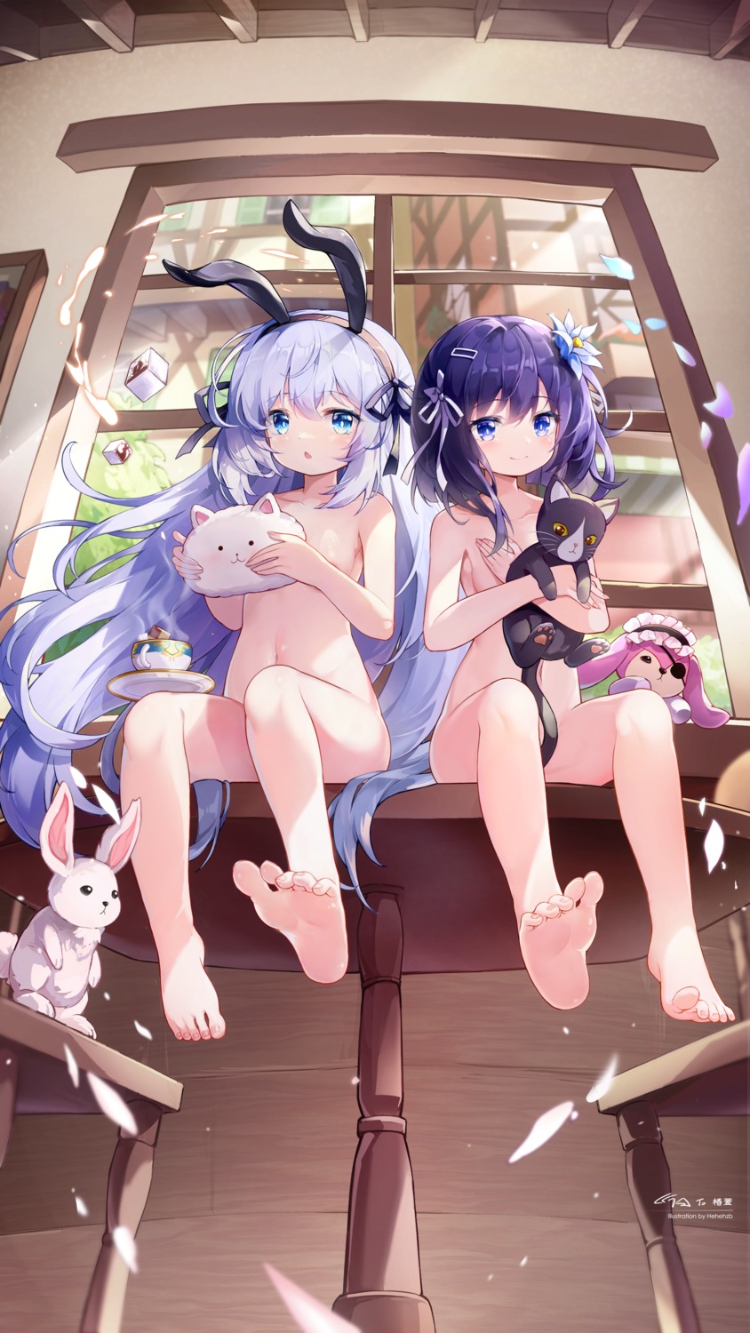 animal_ears bunny_ears eyepatch feet fuiba_fuyu gochuumon_wa_usagi_desu_ka? hehehzb kafuu_chino loli naked neko tippy_(gochuumon_wa_usagi_desu_ka?)