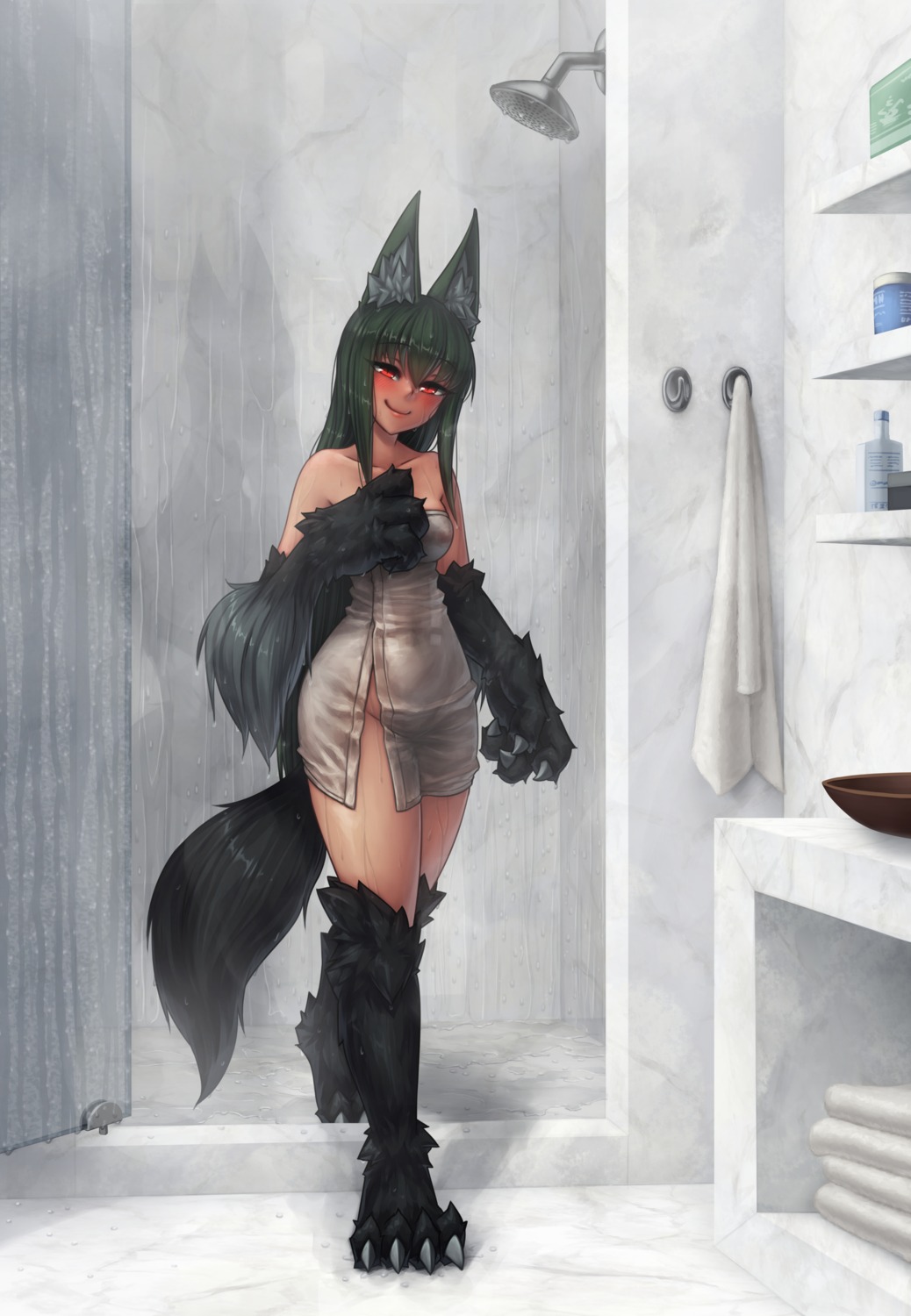 animal_ears anubis_(monster_girl_encyclopedia) bathing monorus monster_girl monster_girl_encyclopedia tail towel wet