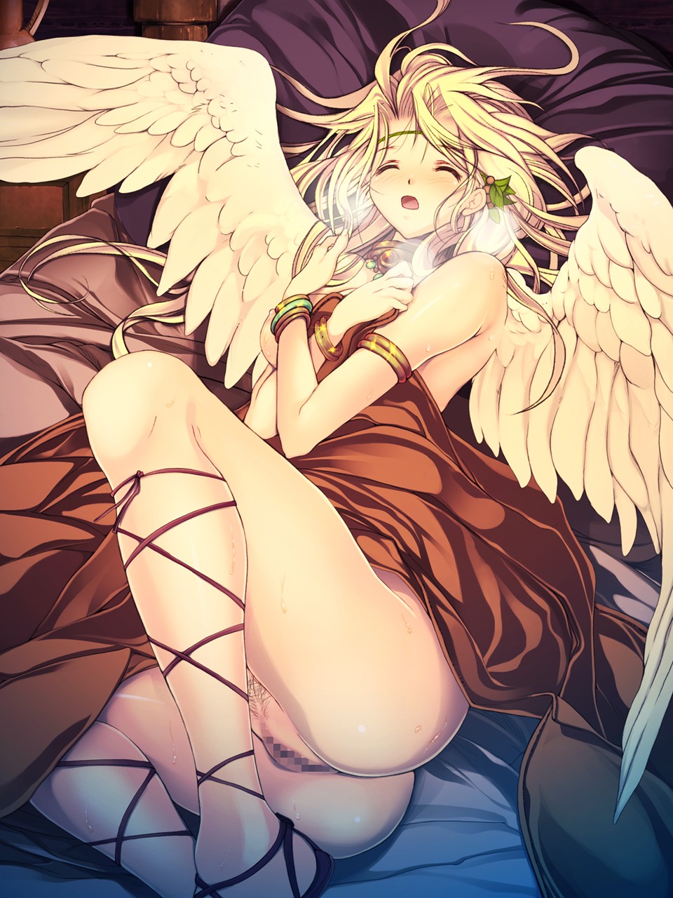 angel censored nipples nopan pubic_hair pussy sheets shijimi wings