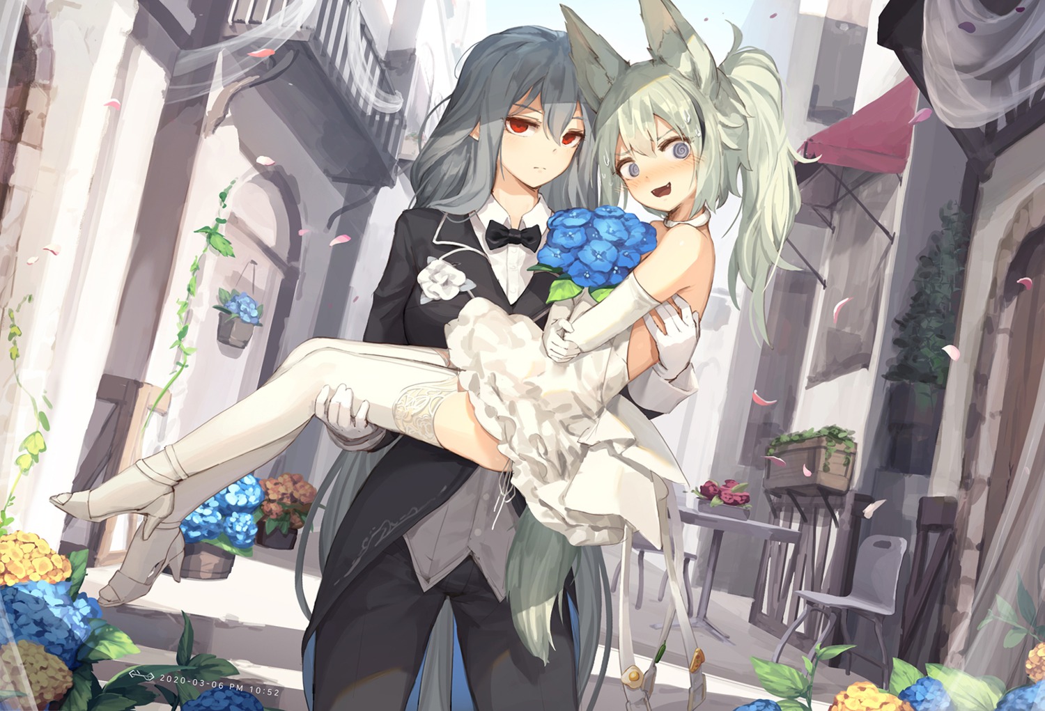 animal_ears arknights crossdress dress grani_(arknights) heels jakoujika skadi_(arknights) thighhighs wedding_dress yuri