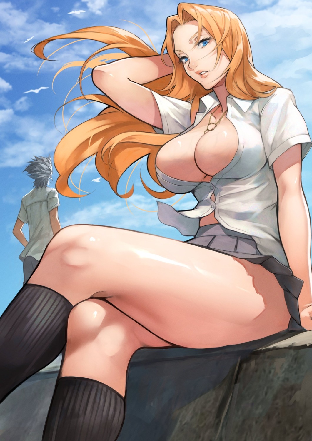 bleach matsumoto_rangiku no_bra open_shirt seifuku skirt_lift yoshio_(55level)