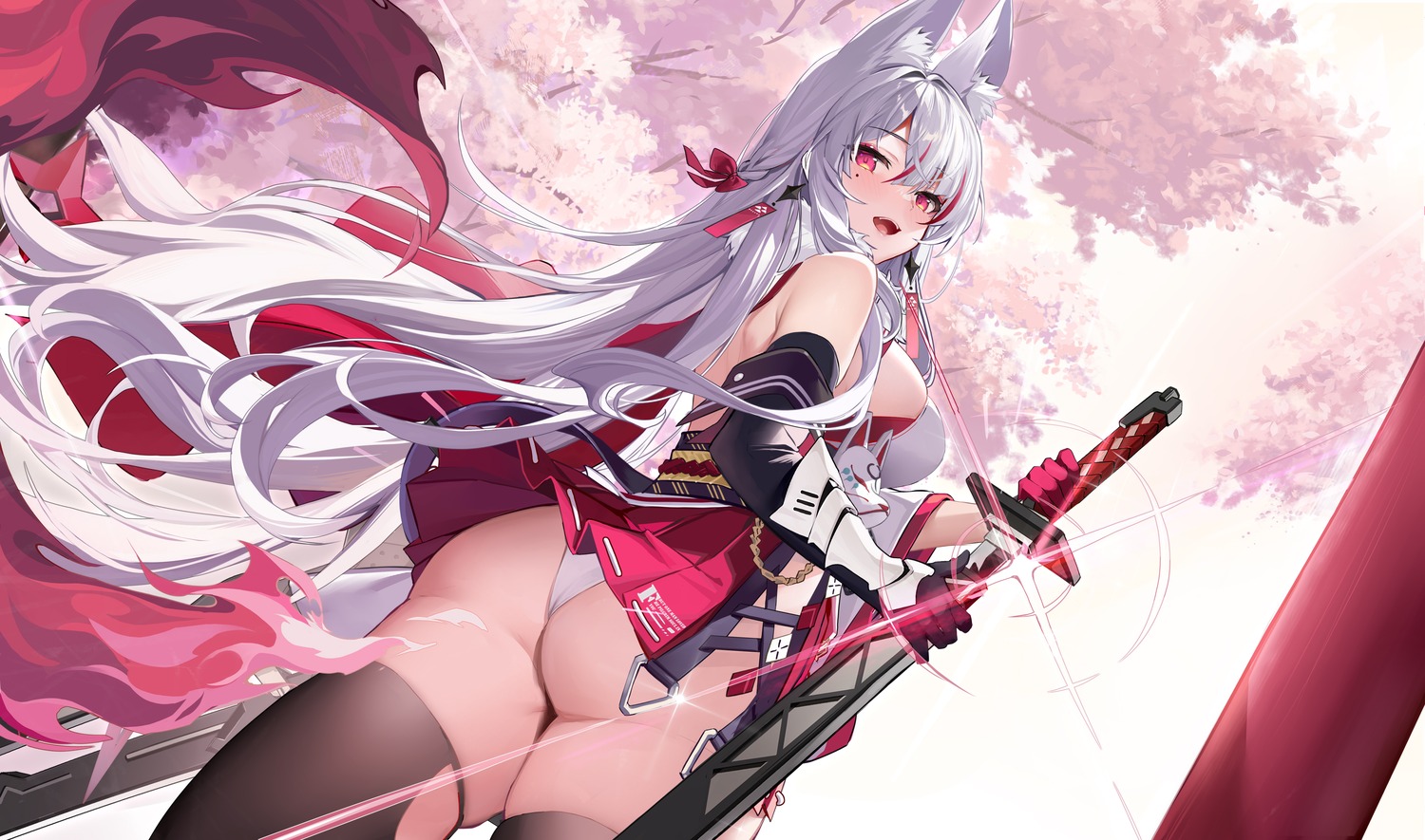 animal_ears ass chiraha_(echocalypse) echocalypse kikimi pantsu skirt_lift sword thighhighs thong