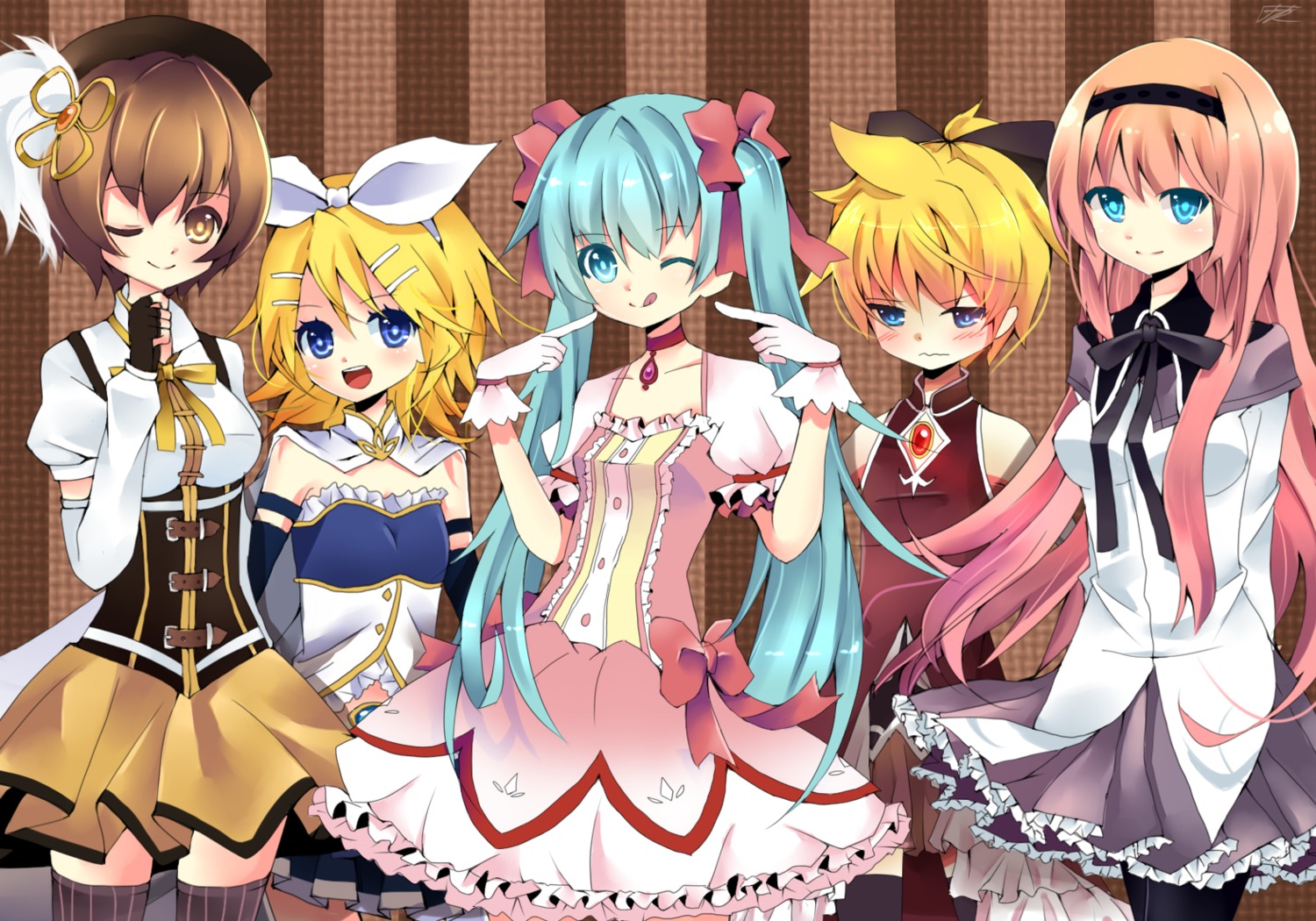 cosplay crossdress dress floren hatsune_miku kagamine_len kagamine_rin mahou_shoujo_madoka_magica megurine_luka meiko thighhighs trap vocaloid