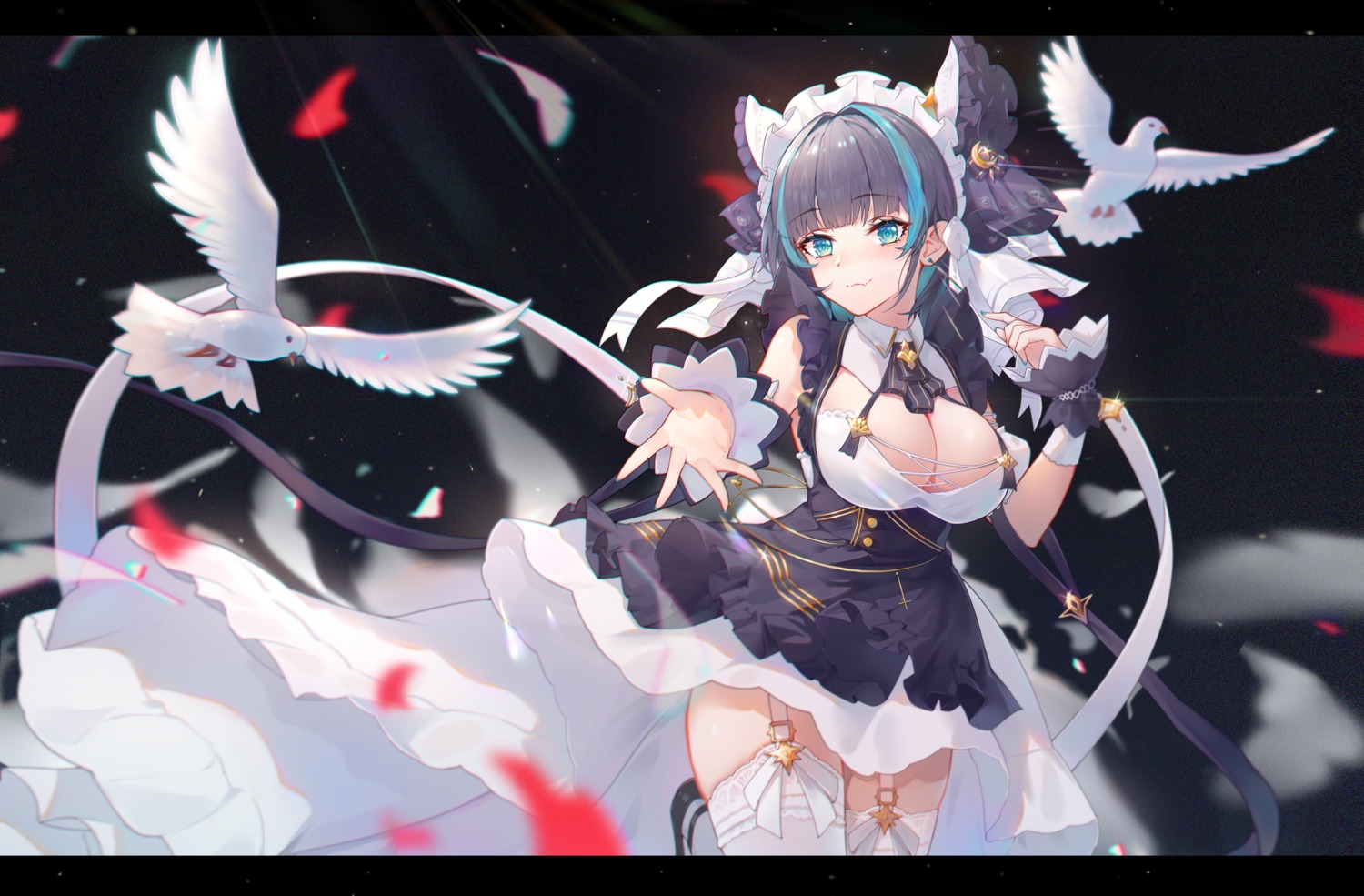 azur_lane cheshire_(azur_lane) cleavage maid no_bra skirt_lift stockings thighhighs xianyujun_sam