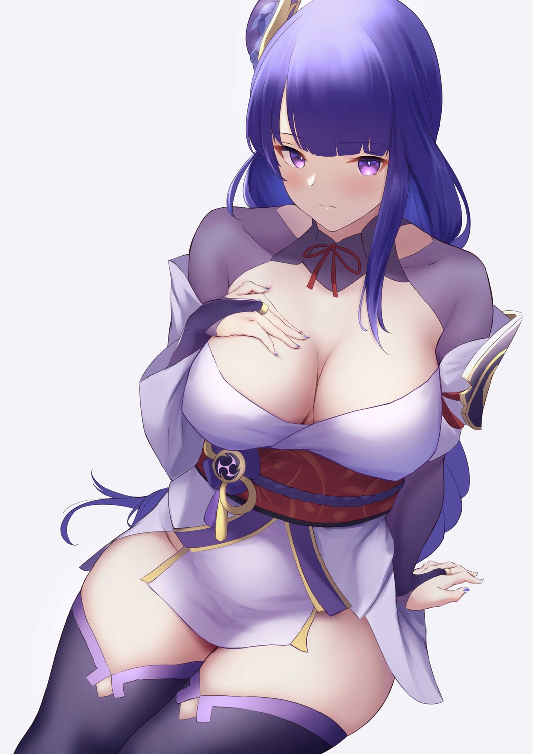 fuwatoromonta genshin_impact japanese_clothes no_bra raiden_shogun thighhighs