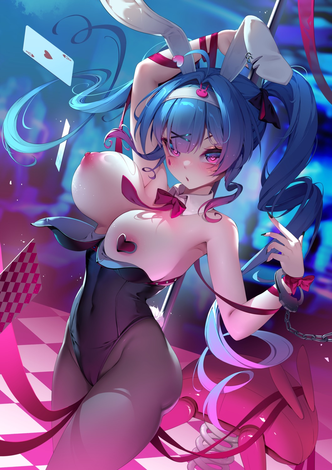 animal_ears areola artist_revision breasts bunny_ears bunny_girl cameltoe hatsune_miku nipples no_bra pantyhose pasties rabbit_hole_(vocaloid) senyee tail tattoo vocaloid