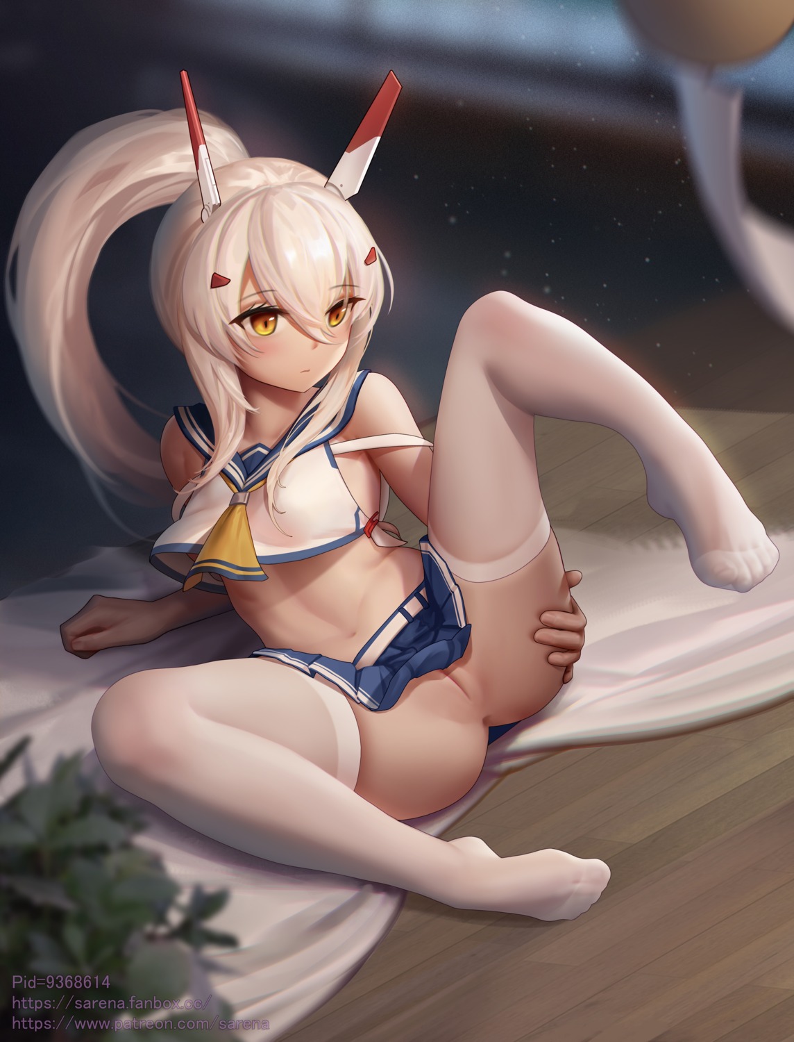 anus ayanami_(azur_lane) azur_lane feet no_bra nopan pussy sarena seifuku shirt_lift skirt_lift thighhighs uncensored