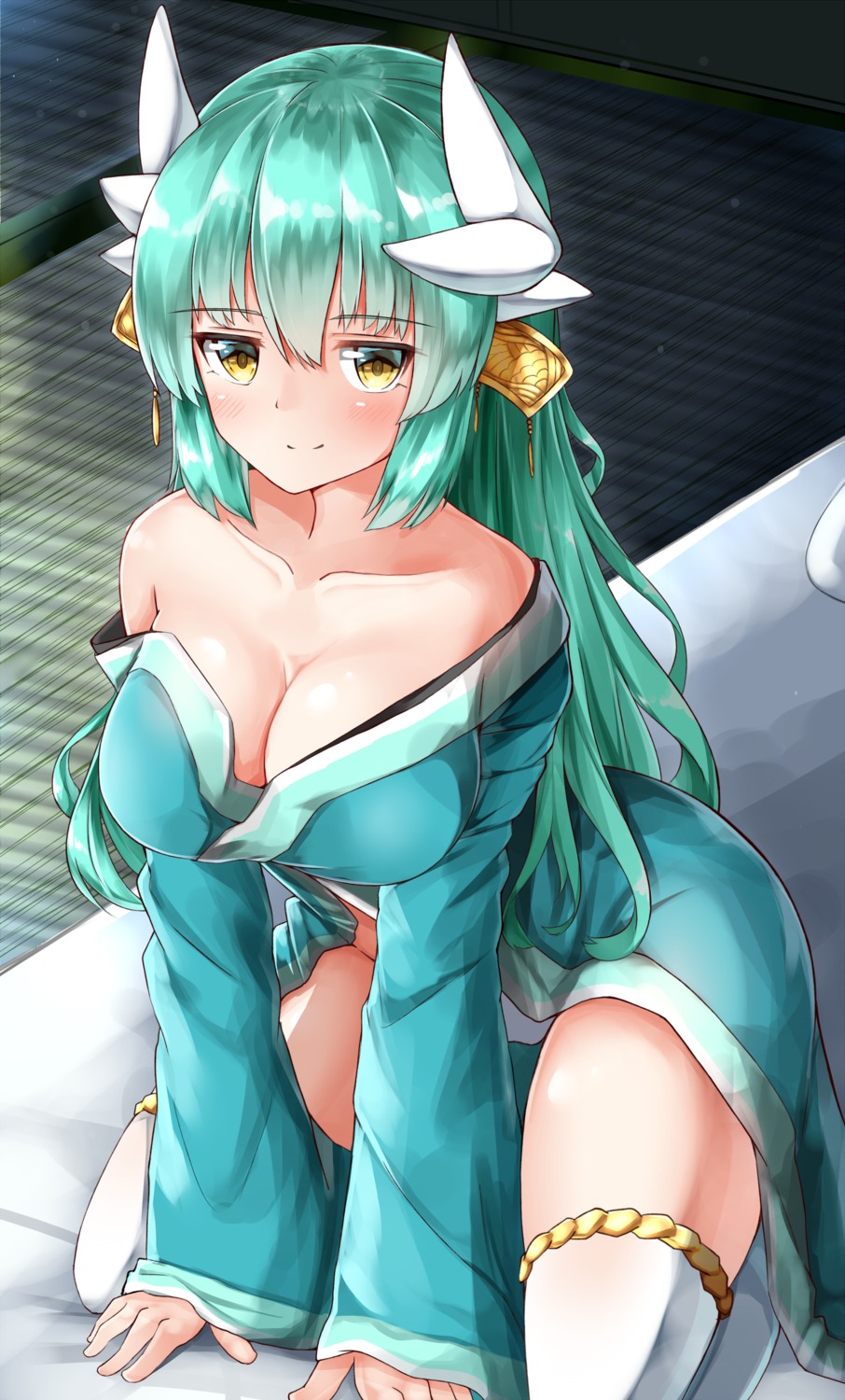 cleavage fate/grand_order horns japanese_clothes kiyohime_(fate/grand_order) moyoron open_shirt thighhighs