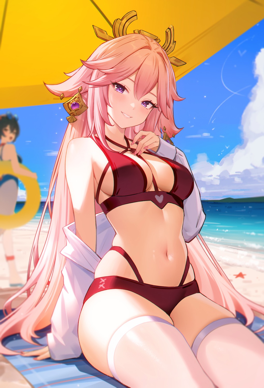 95--- animal_ears bikini genshin_impact kitsune open_shirt swimsuits thighhighs yae_miko