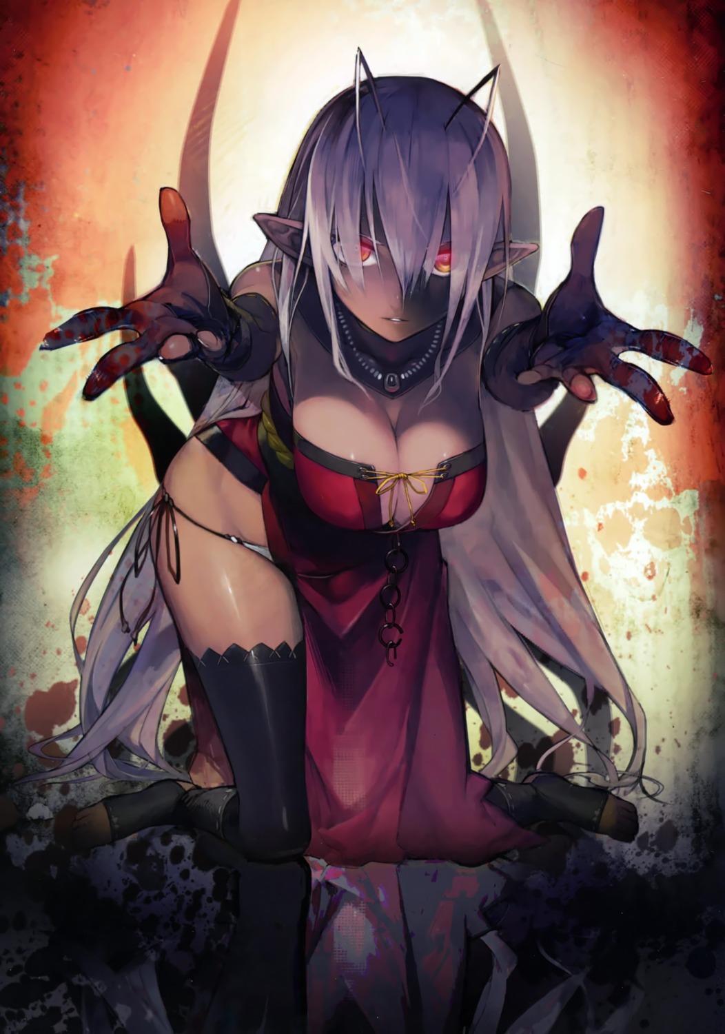 blood cleavage dress full_metal_daemon_muramasa namaniku_atk pantsu pointy_ears sansei_muramasa string_panties thighhighs