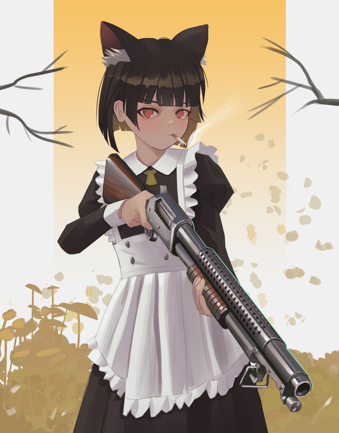 animal_ears gun klotti maid nekomimi smoking