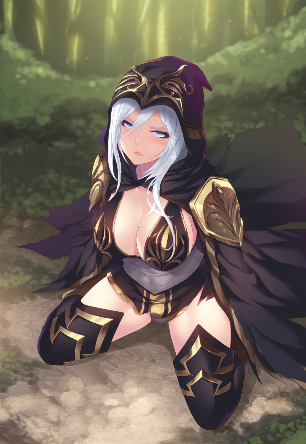 armor ashe cait cleavage dress league_of_legends thighhighs torn_clothes