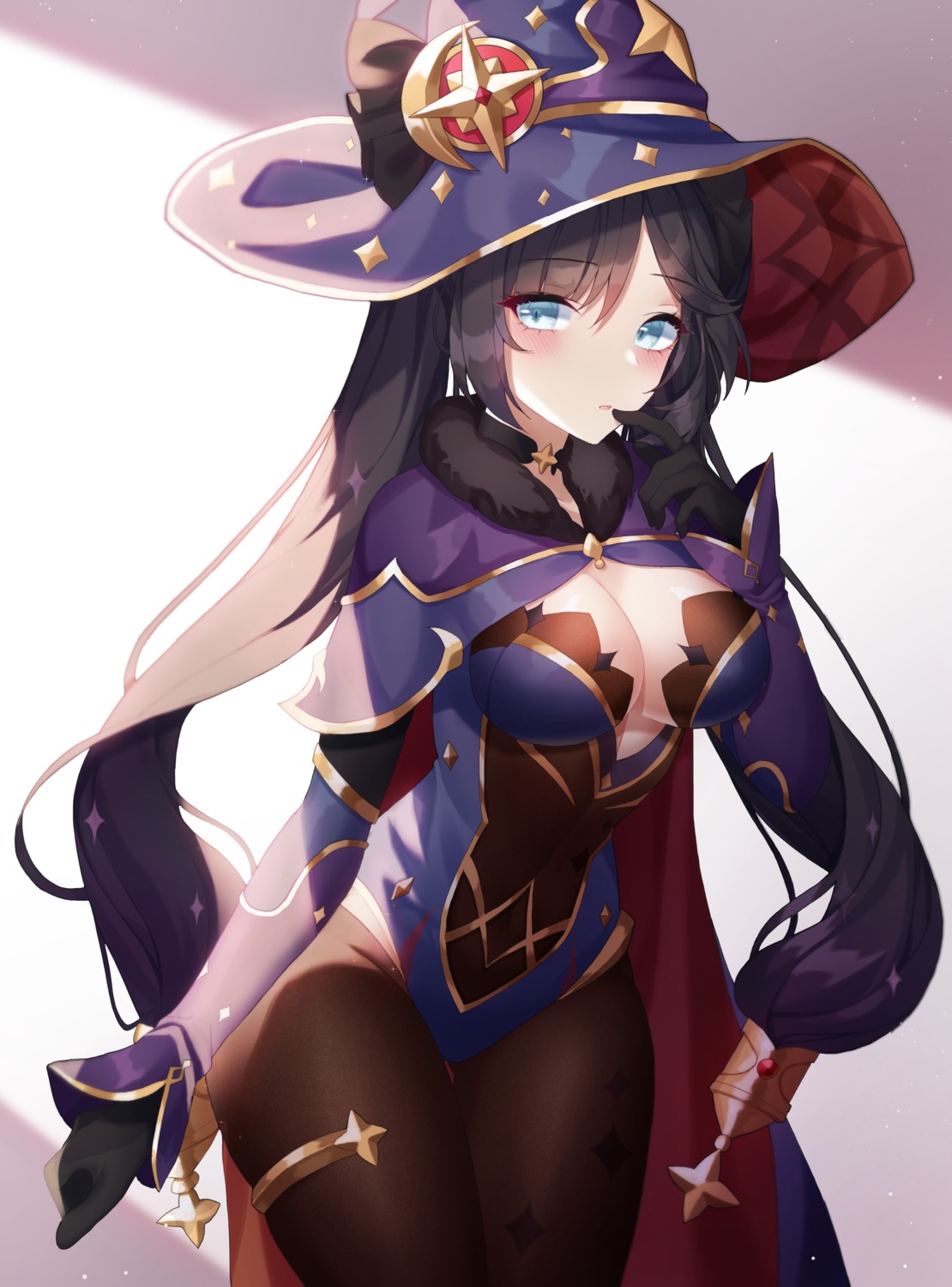 garter genshin_impact leotard meoyo mona_megistus no_bra pantyhose witch