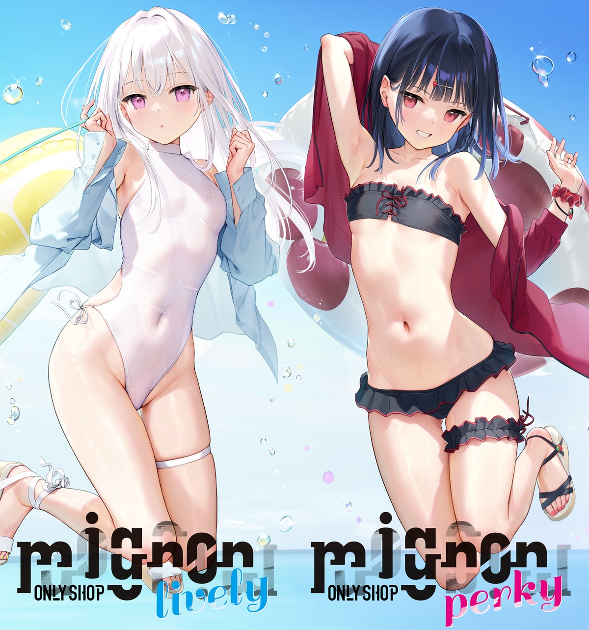 bikini garter ichigo_(mignon) mignon open_shirt shiro_(mignon) swimsuits