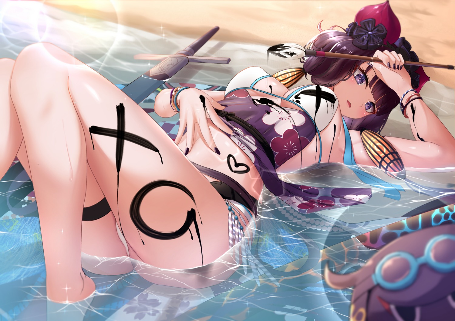 bikini dearonnus fate/grand_order garter katsushika_hokusai_(fate) swimsuits sword thong wet