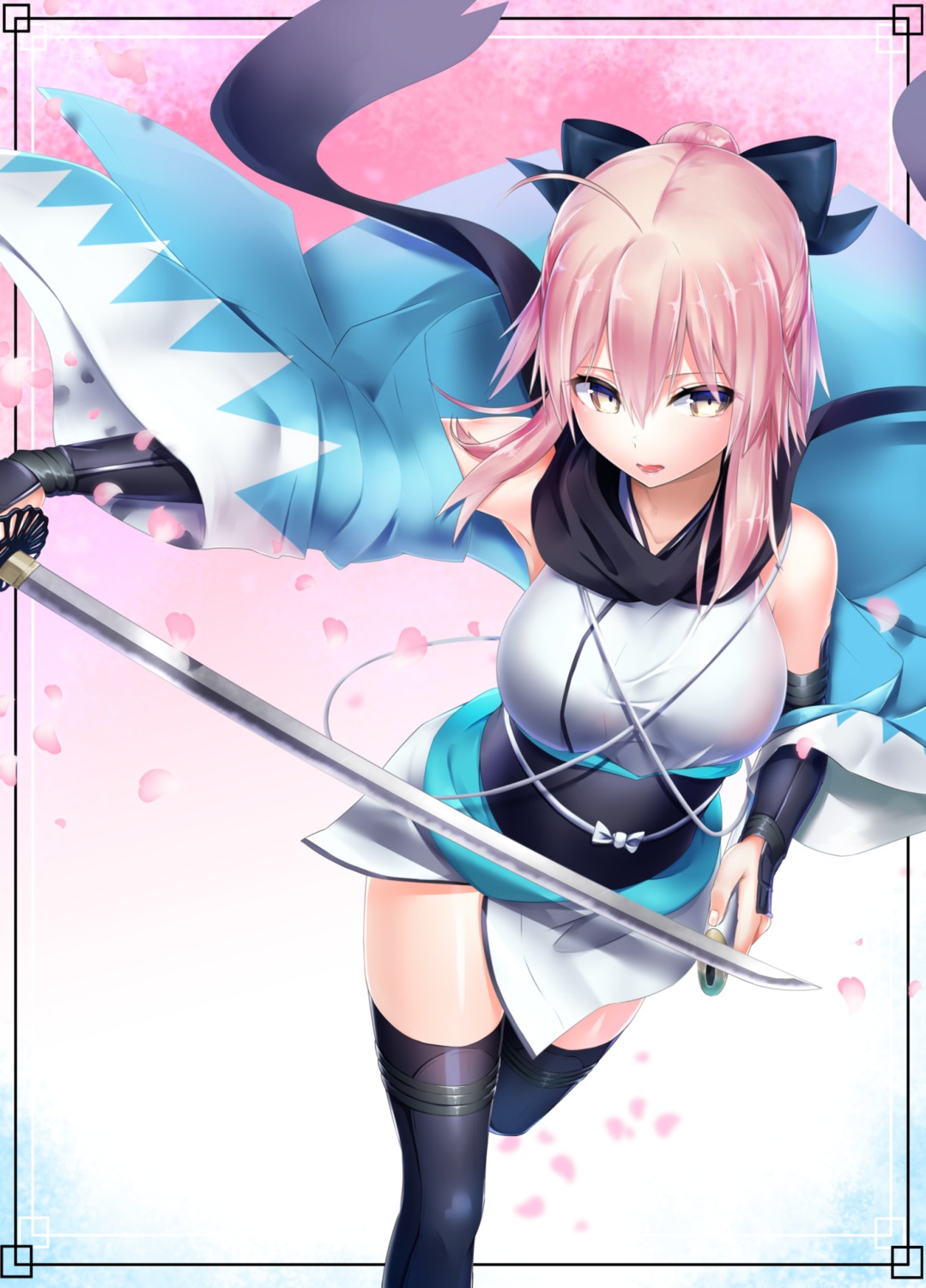 celeryma fate/grand_order japanese_clothes okita_souji_(fate) sword thighhighs