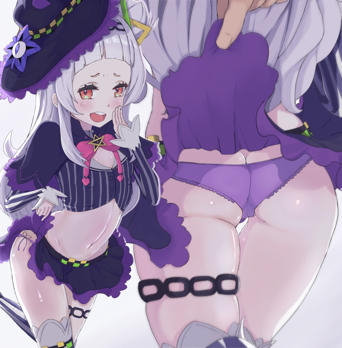 ass cameltoe cleavage esearu garter hololive murasaki_shion pantsu skirt_lift string_panties thighhighs witch