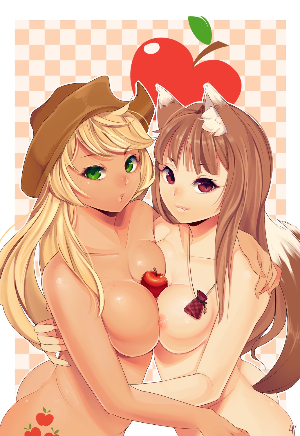 animal_ears ass crossover holo loyproject naked nipples spice_and_wolf symmetrical_docking tail tattoo yuri