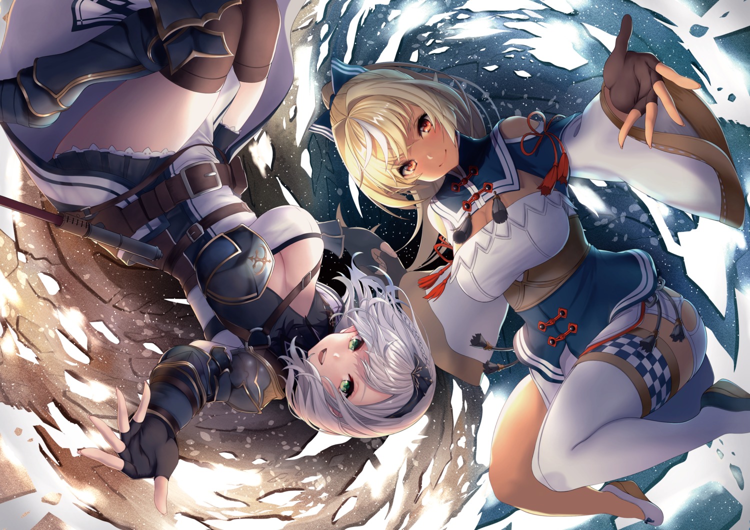 armor elf hololive kangaruu_(momotk1109) no_bra pointy_ears shiranui_flare shirogane_noel thighhighs