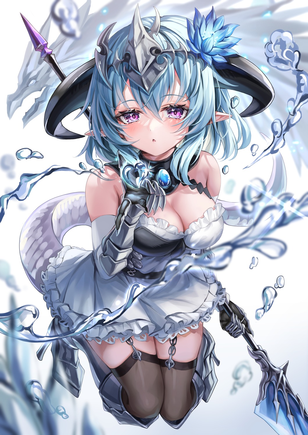 akami770 armor heels horns pointy_ears shadowverse stockings tail thighhighs weapon whitefrost_dragonewt_filene