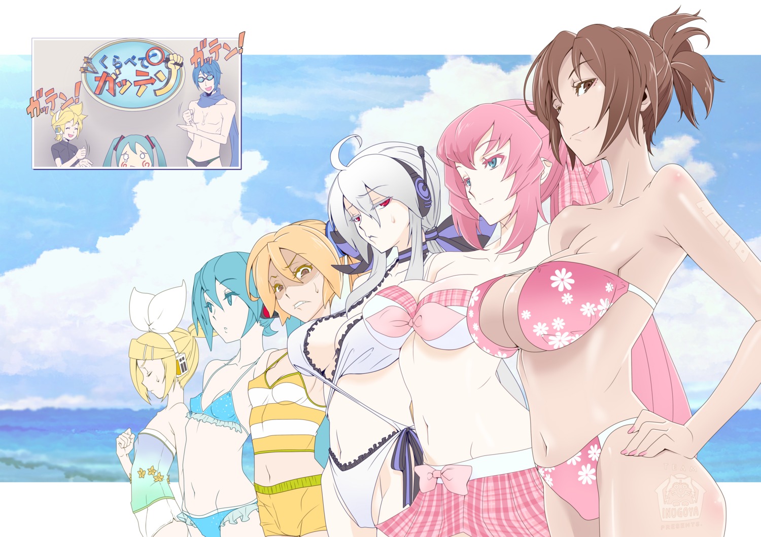 akita_neru bikini cleavage hatsune_miku hirabaru_kenji kagamine_len kagamine_rin kaito megurine_luka meiko swimsuits team_inugoya vocaloid yowane_haku