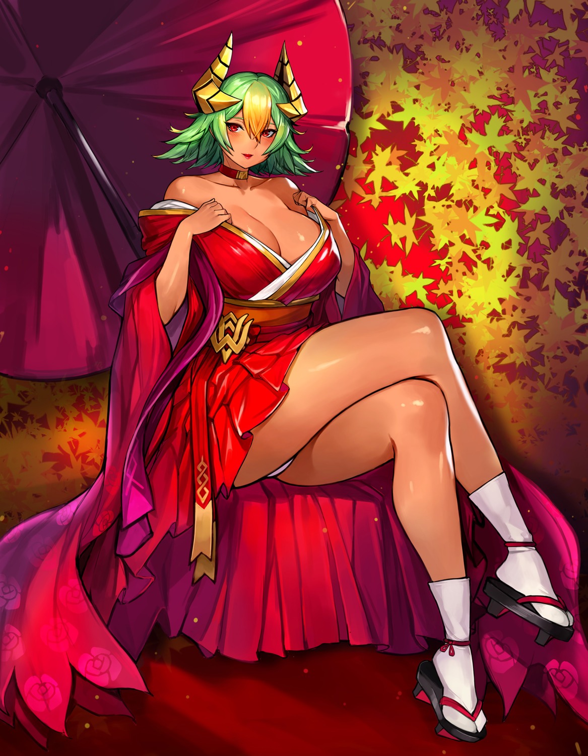 fire_emblem fire_emblem_heroes gurimjang horns japanese_clothes laegjarn no_bra open_shirt pantsu skirt_lift thong undressing