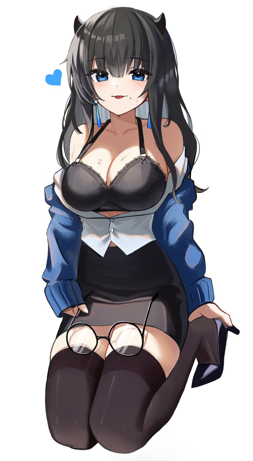 bra cleavage heels horns megane open_shirt sweater thighhighs