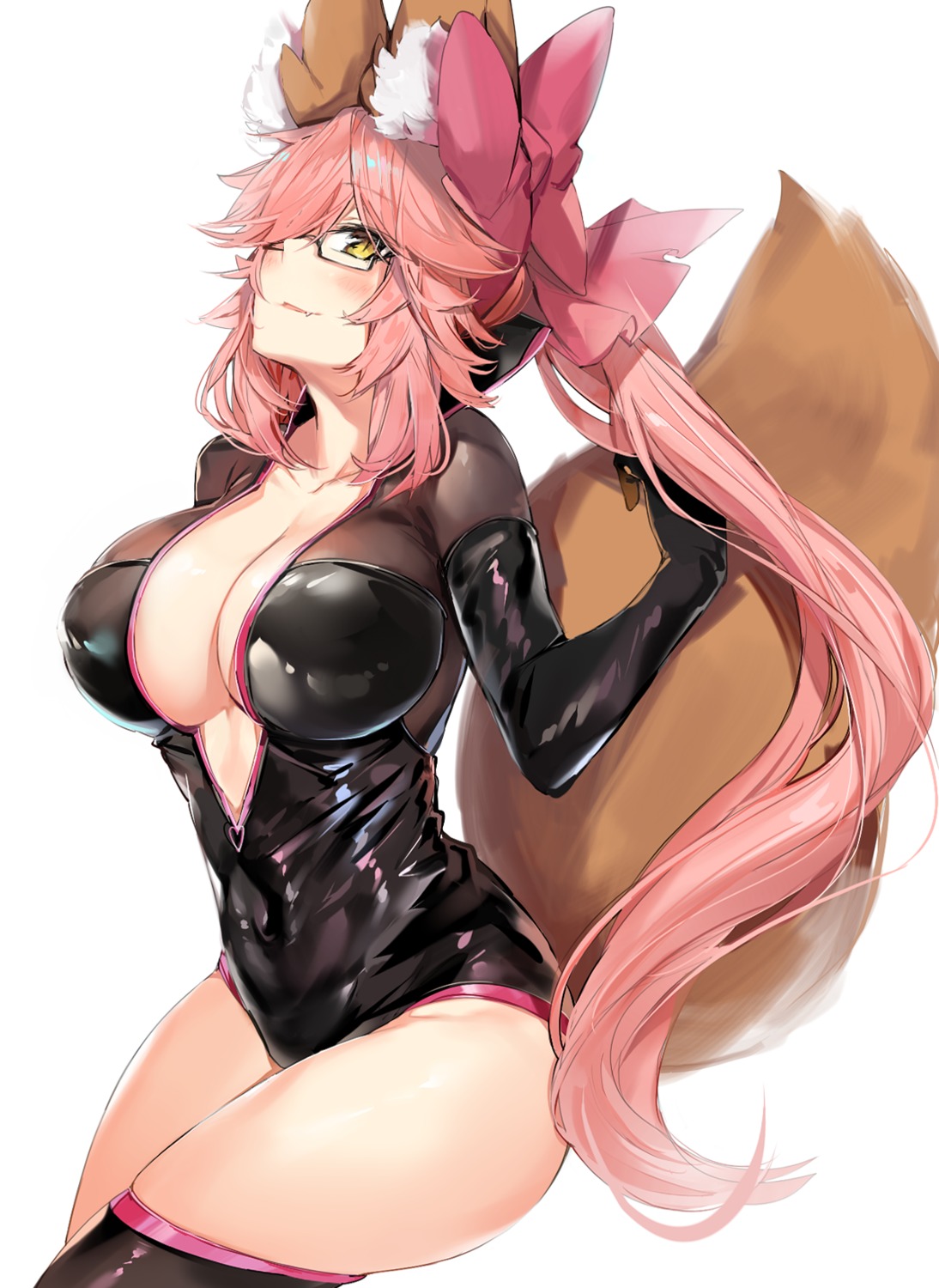 animal_ears bodysuit fate/grand_order kitsune megane no_bra open_shirt silver_(chenwen) tail tamamo_vitch_koyanskaya thighhighs