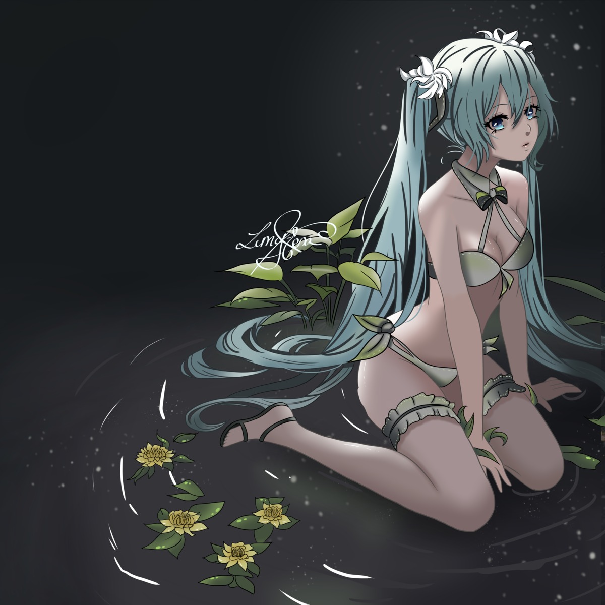 bikini garter hatsune_miku lunyfera swimsuits vocaloid