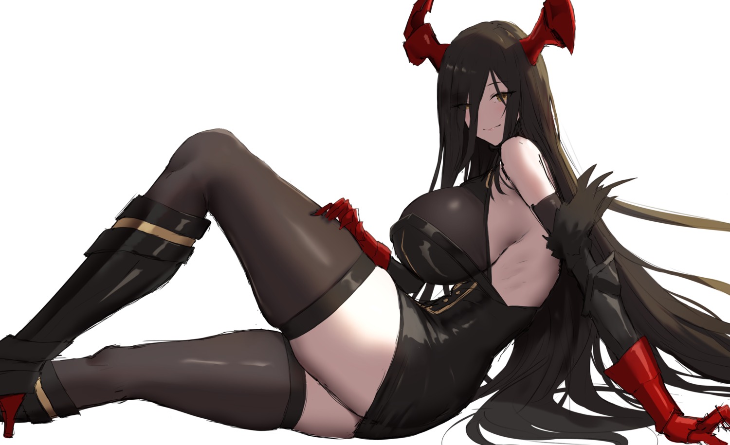 azur_lane dress friedrich_der_grosse_(azur_lane) heels horns no_bra shiroshisu thighhighs