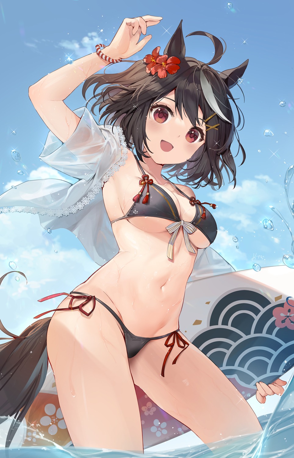 animal_ears bikini kita_(kitairoha) kitasan_black_(umamusume) open_shirt see_through swimsuits tail uma_musume_pretty_derby wet