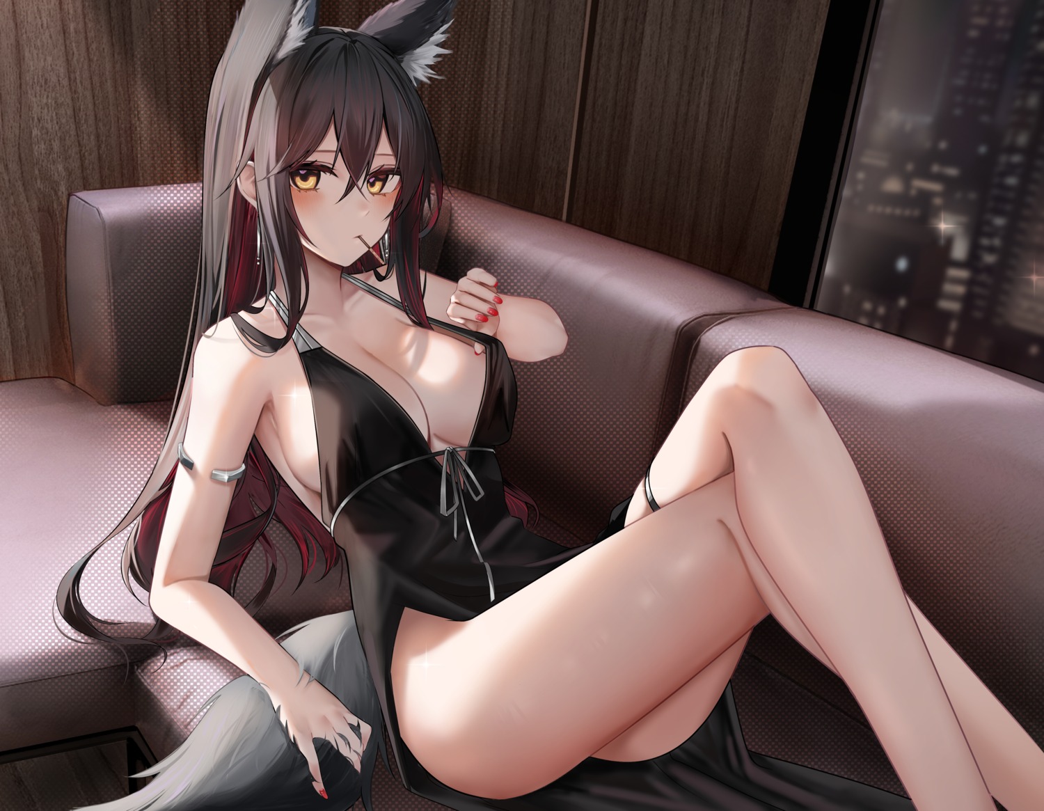 animal_ears arknights dress garter no_bra ru_zhai skirt_lift tail texas_(arknights) undressing