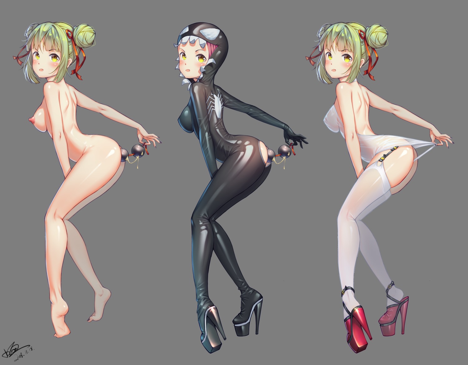 anal anal_beads ass bodysuit heels konishi_(565112307) naked nipples see_through stockings swimsuits thighhighs transparent_png