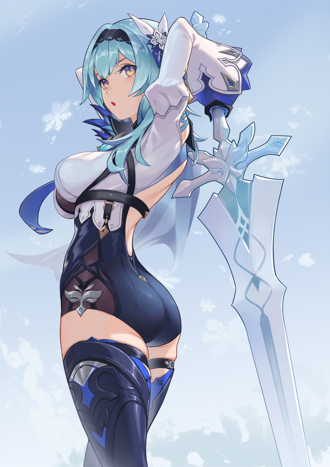 ass eula garter genshin_impact jrajazon leotard no_bra see_through sword thighhighs