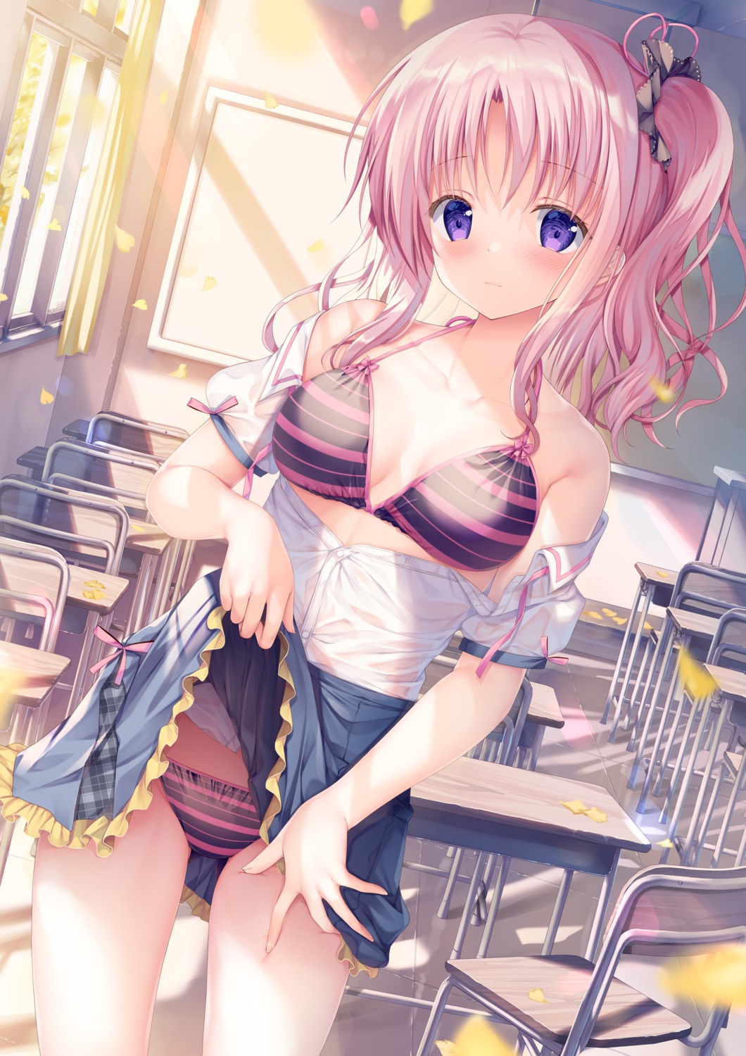 bikini izumi_kaori_(twinbox) open_shirt see_through seifuku skirt_lift swimsuits twinbox twinbox_school wet_clothes