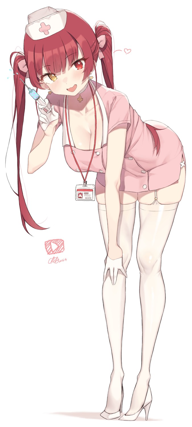 artist_revision cleavage cloba heels heterochromia hololive houshou_marine nurse stockings thighhighs