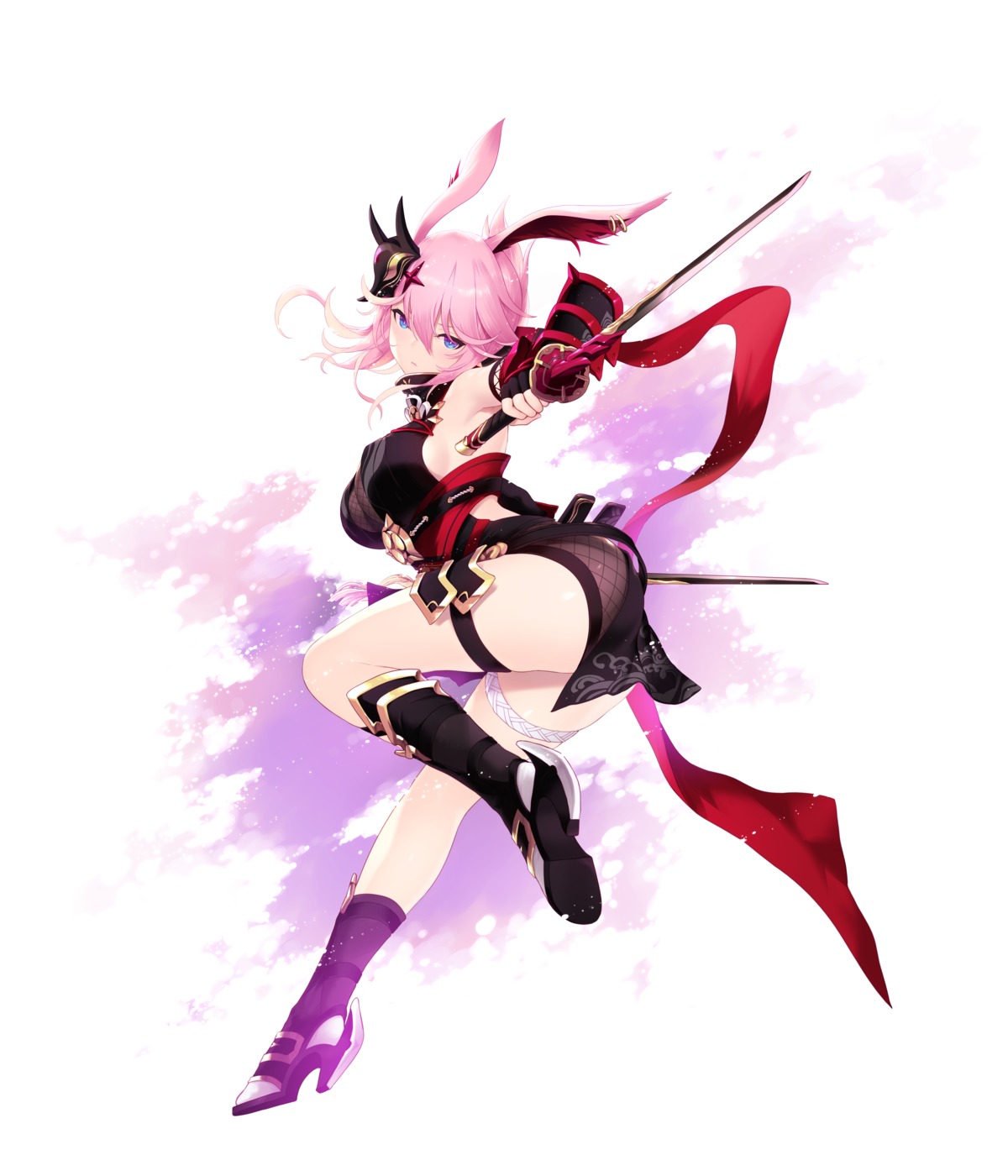 animal_ears armor ass benghuai_xueyuan bunny_ears cait fishnets garter heels honkai_impact japanese_clothes sword yae_sakura_(benghuai_xueyuan)