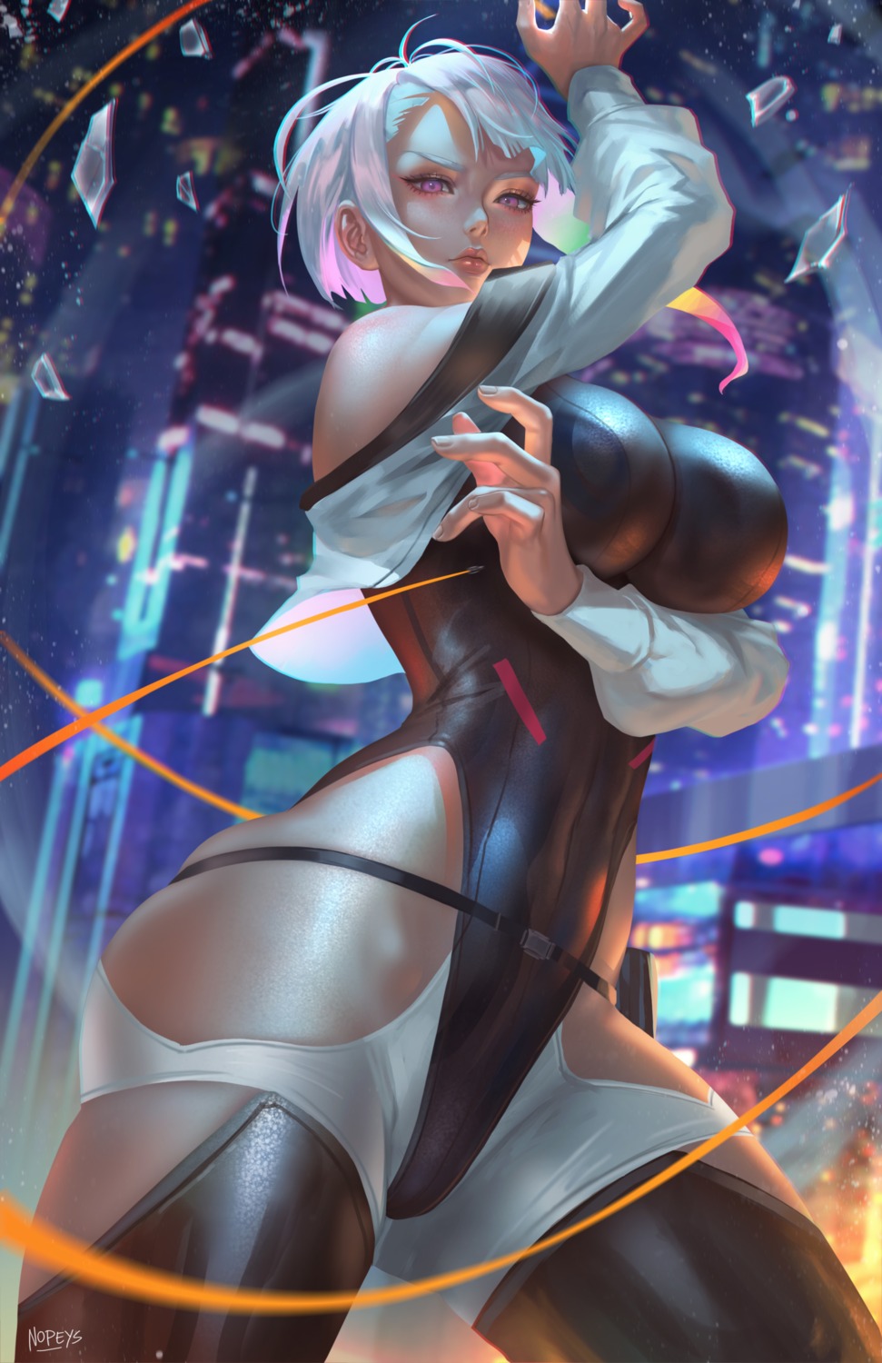 cyberpunk:_edgerunners cyberpunk_2077 leotard lucy_(cyberpunk) nopeys thighhighs weapon