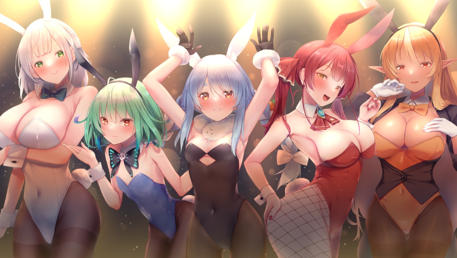 animal_ears bunny_ears bunny_girl elf fishnets heterochromia hololive houshou_marine ichi-go no_bra pantyhose pointy_ears shiranui_flare shirogane_noel tail uruha_rushia usada_pekora