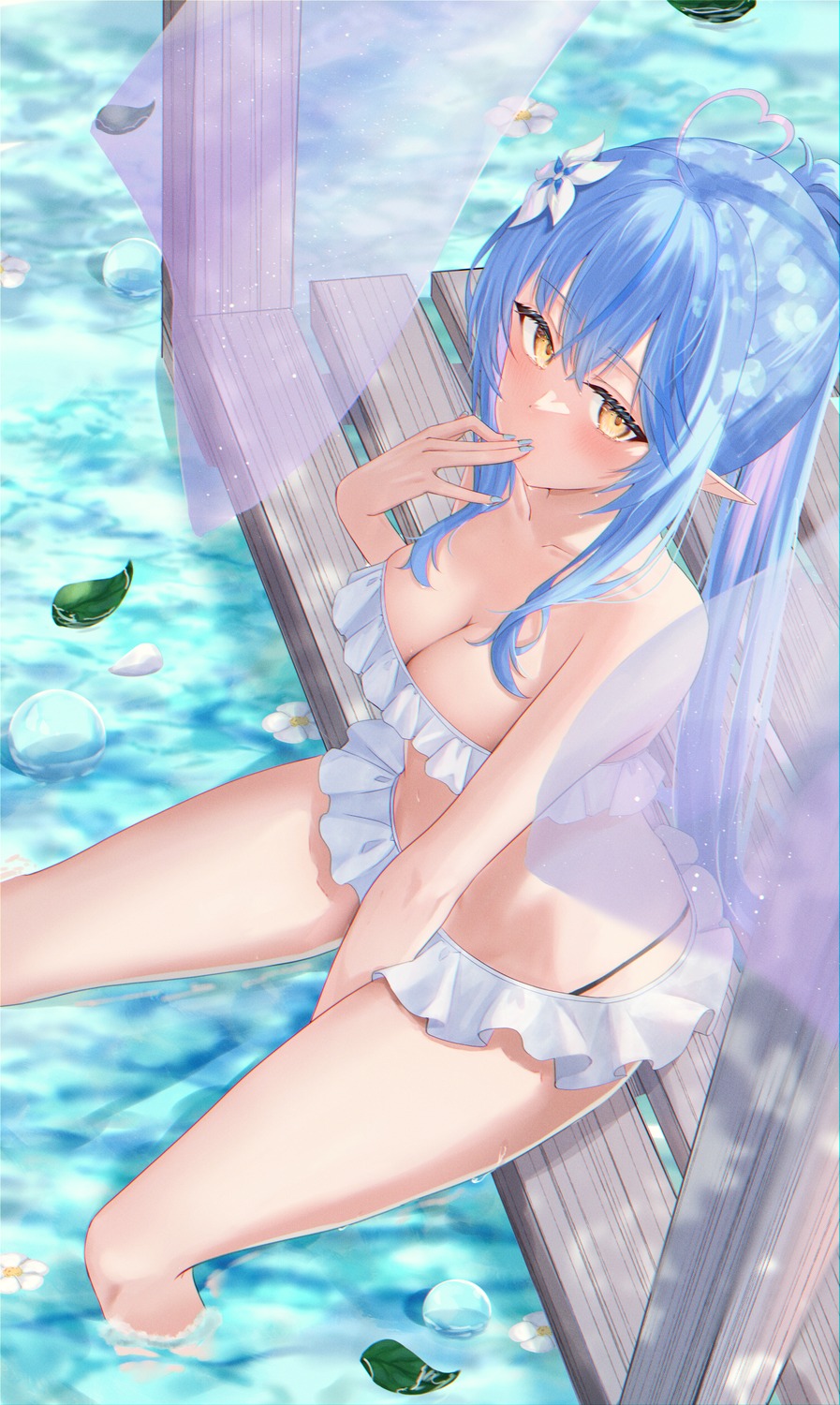 aki_uzuki3 bikini elf hololive pointy_ears swimsuits wet yukihana_lamy