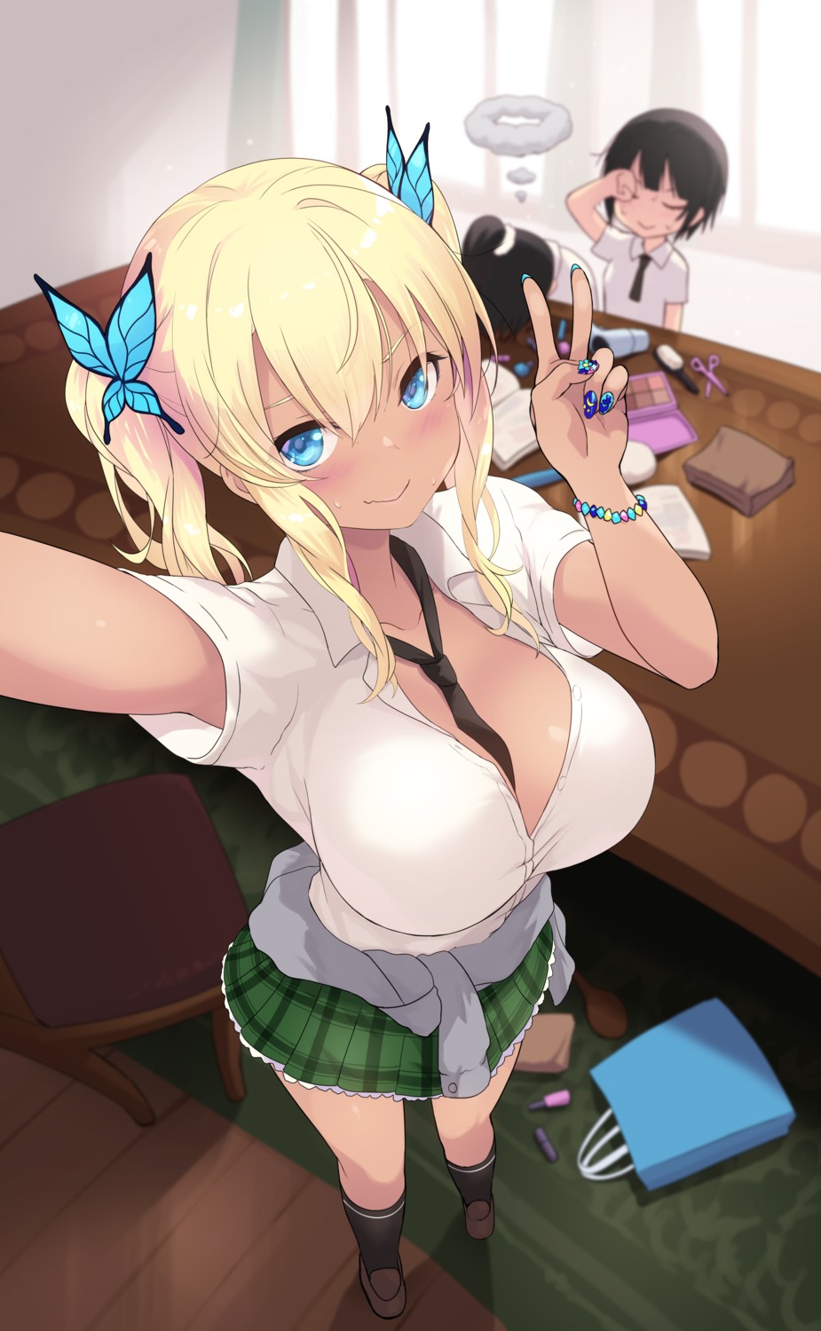 boku_wa_tomodachi_ga_sukunai cait cleavage kashiwazaki_sena mikazuki_yozora no_bra open_shirt seifuku shiguma_rika sweater