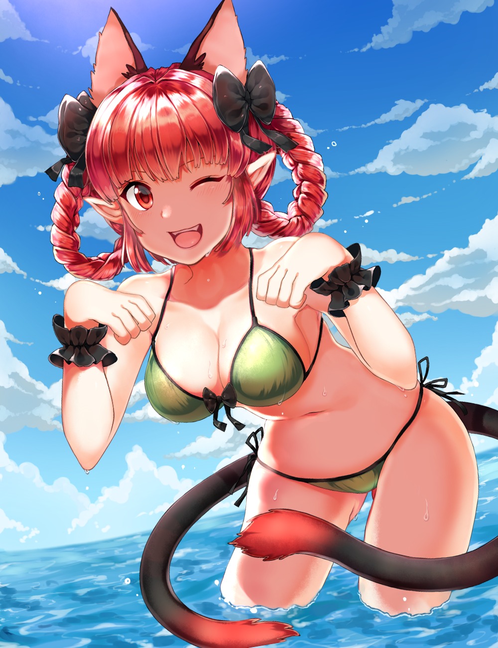 animal_ears bikini cleavage kaenbyou_rin papo swimsuits tail touhou wet