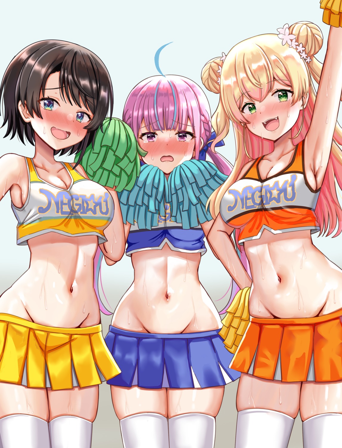 cheerleader cleavage hololive minato_aqua momosuzu_nene nootomo oozora_subaru thighhighs