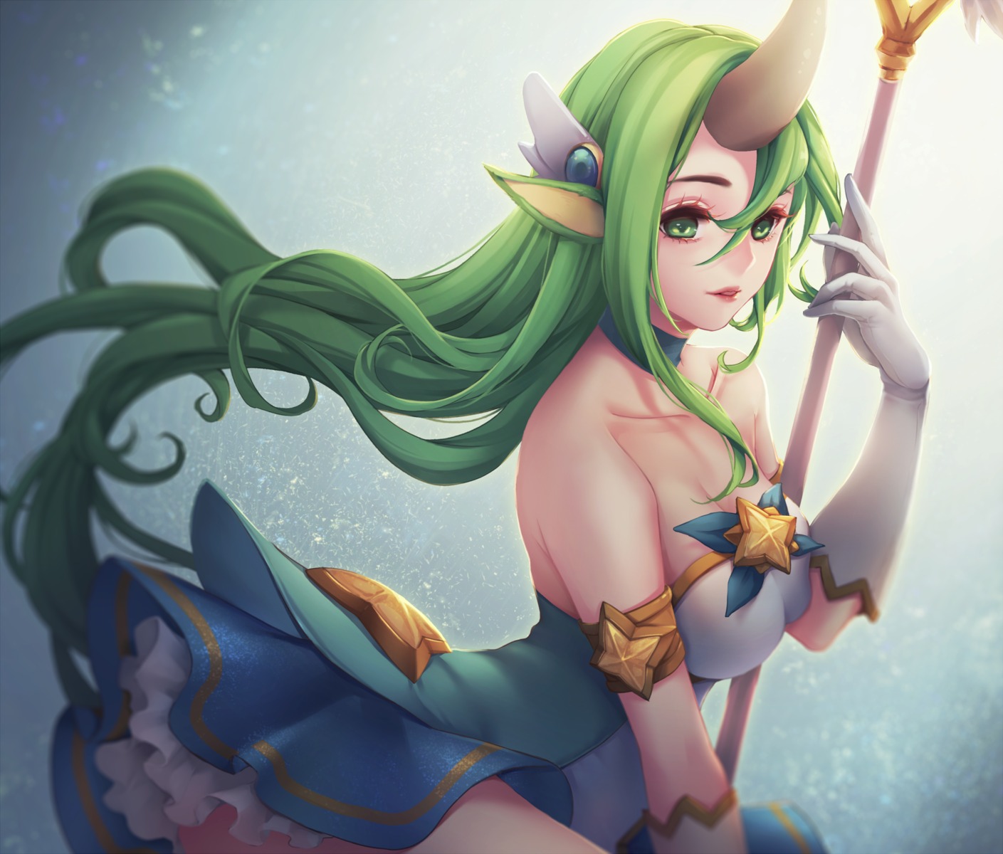 animal_ears cleavage dress horns kinnohome league_of_legends soraka weapon