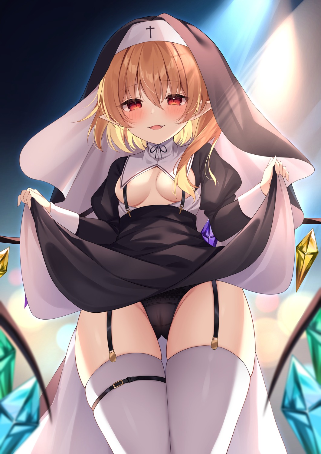 cameltoe flandre_scarlet garter loli miy@ no_bra nun pantsu skirt_lift stockings thighhighs thong touhou wings